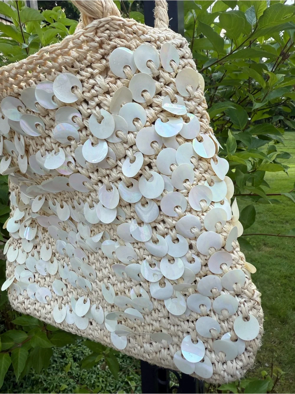 Hand made in Japan vintage walborg  Beige Sequin Straw Tote Bag - Lightweight